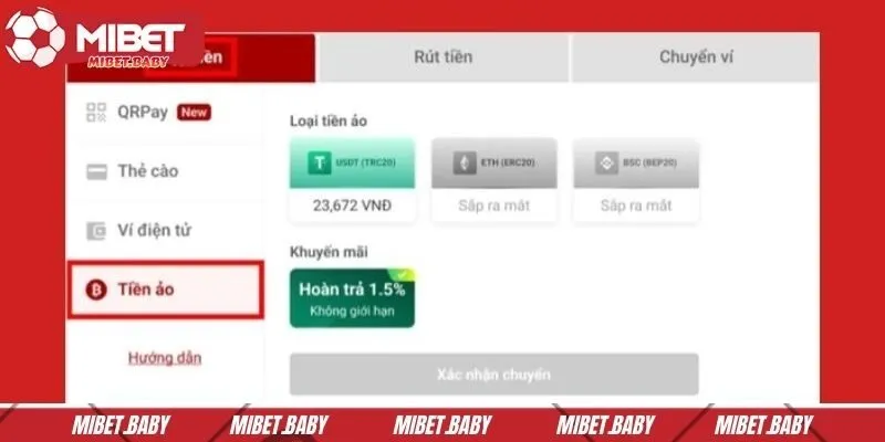 Nạp tiền MIBET cần sử dụng phương thức thanh toán hợp lệ